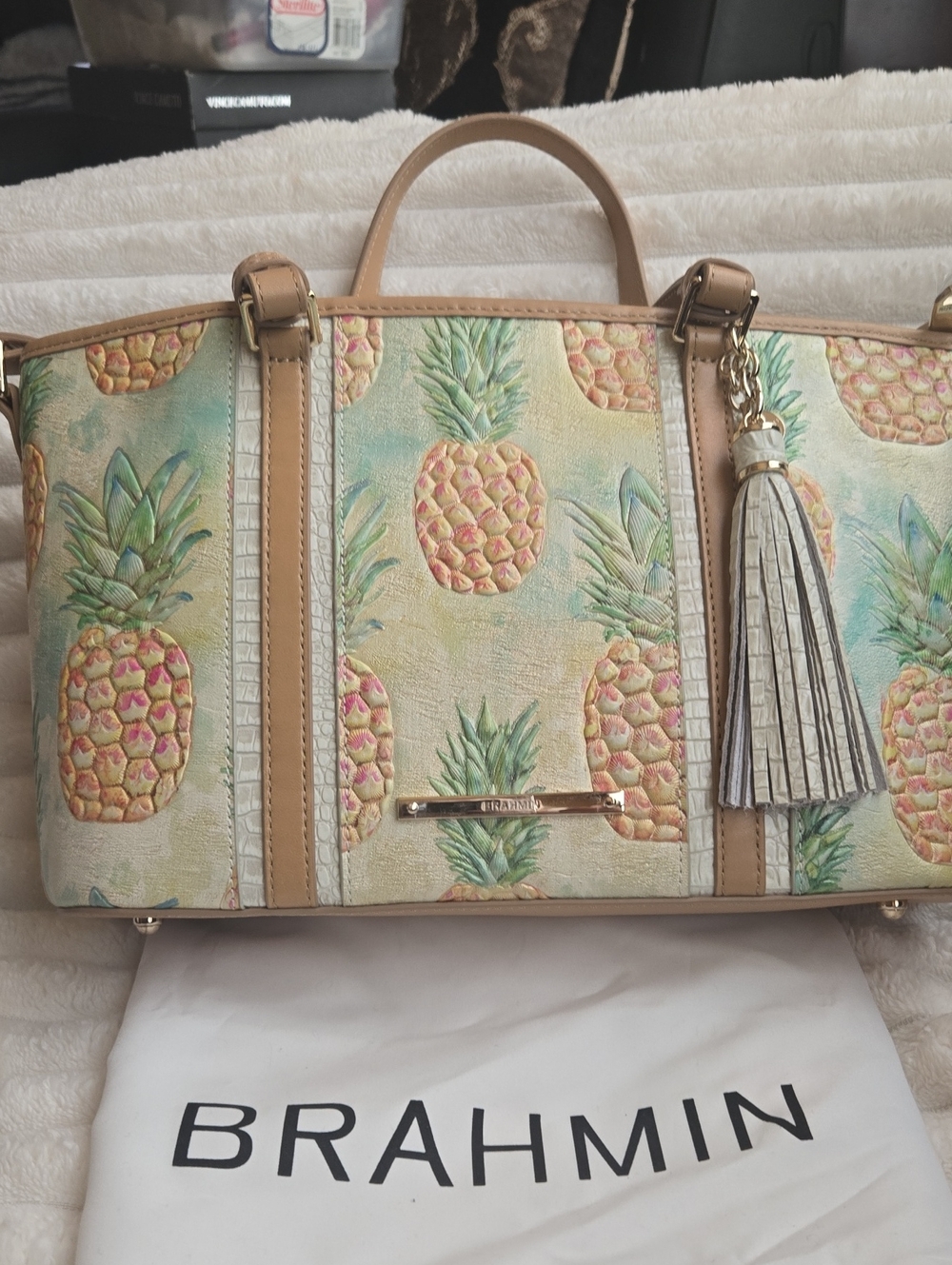 Brahmin Pineapple Embossed Satchel in Cream, Tan and Green